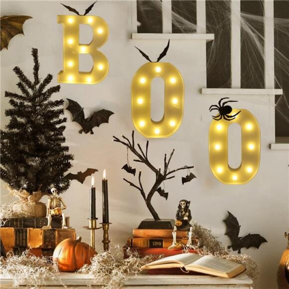 Halloween Decorations, BOO Lights Up Letters 8.7in BOO LED Marquee Sign, 3D Bats - Picture 7 of 8